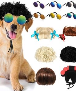 Tigeen 12 Pcs Funny Pet Cosplay Wig Sunglasses Hair Costumes Dog Cat Wigs Adjustable Heawear Apparel Toy Dress Up Decorations for Small Medium Dogs Cats Wigs Halloween, Christmas, Parties, Festivals