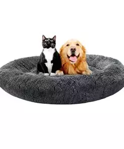 Bonteck Calming Dog Beds for Small Medium Large Dogs – Round Donut Machine Washable Dog Bed, Anti-Slip Faux Fur Fluffy Donut Cuddler Cat Bed, Multiple Sizes S-XL