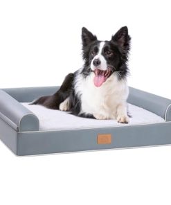 Sunheir Large Dog Bed Deluxe Plush & Faux Leather Orthopedic Dog Bed for Large, Jumbo, Medium, Small Dogs Breeds, Waterproof Dog Couch with Removable Cover, Bolster, Zipper – Light Grey
