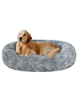 Coohom Oval Calming Donut Cuddler Dog Bed,Shag Faux Fur Cat Bed Washable Round Pillow Pet Bed(30″/36″/43″) for Small Medium Dogs (XL(36″x27″x7″), Grey)