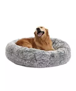 Bedfolks Calming Donut Dog Bed, 36 Inches Round Fluffy Dog Beds for Large Dogs, Anti-Anxiety Plush Dog Bed, Machine Washable Pet Bed (Dark Grey, Large)